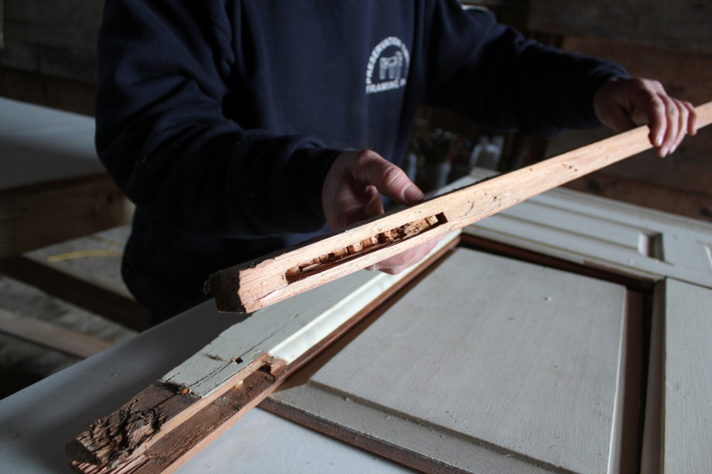 Shawn, the left stile, and mortising chisel marks from a hand-chopped mortise. Shawn, the left stile, and mortising chisel marks from a hand-chopped mortise.